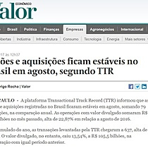 Fuses e aquisies ficam estveis no Brasil em agosto, segundo TTR